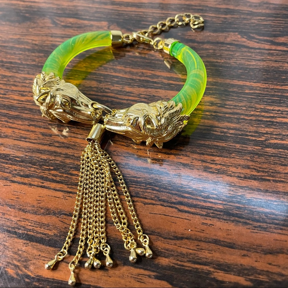 Gold Toned Horse Heads Bracelet W/Green Wristband & Gold Tassel
